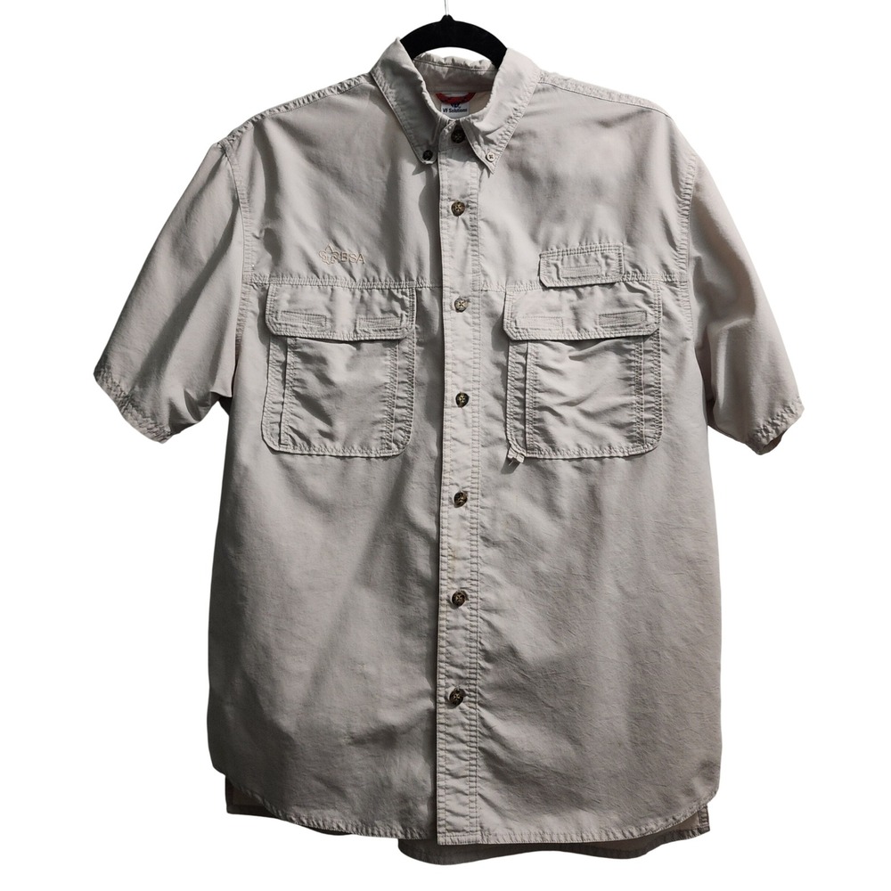 Mens BSA Large Short Sleeve‎ Button Up Shirt Beige Utility Pockets Outdoor